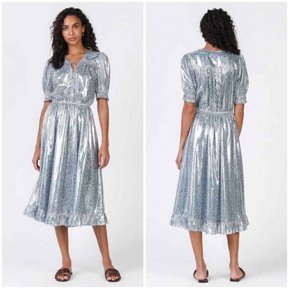 💕CURRENT AIR💕 Metallic Shine Midi Dress Shiny Blue Leopard Print Medium M NWT